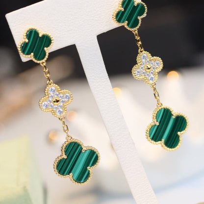 [⭐Corinne]CLOVER EARRINGS GOLD MALACHITE DIAMOND 3 MOTIF