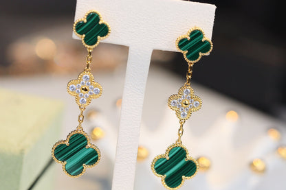 [⭐Corinne]CLOVER EARRINGS GOLD MALACHITE DIAMOND 3 MOTIF