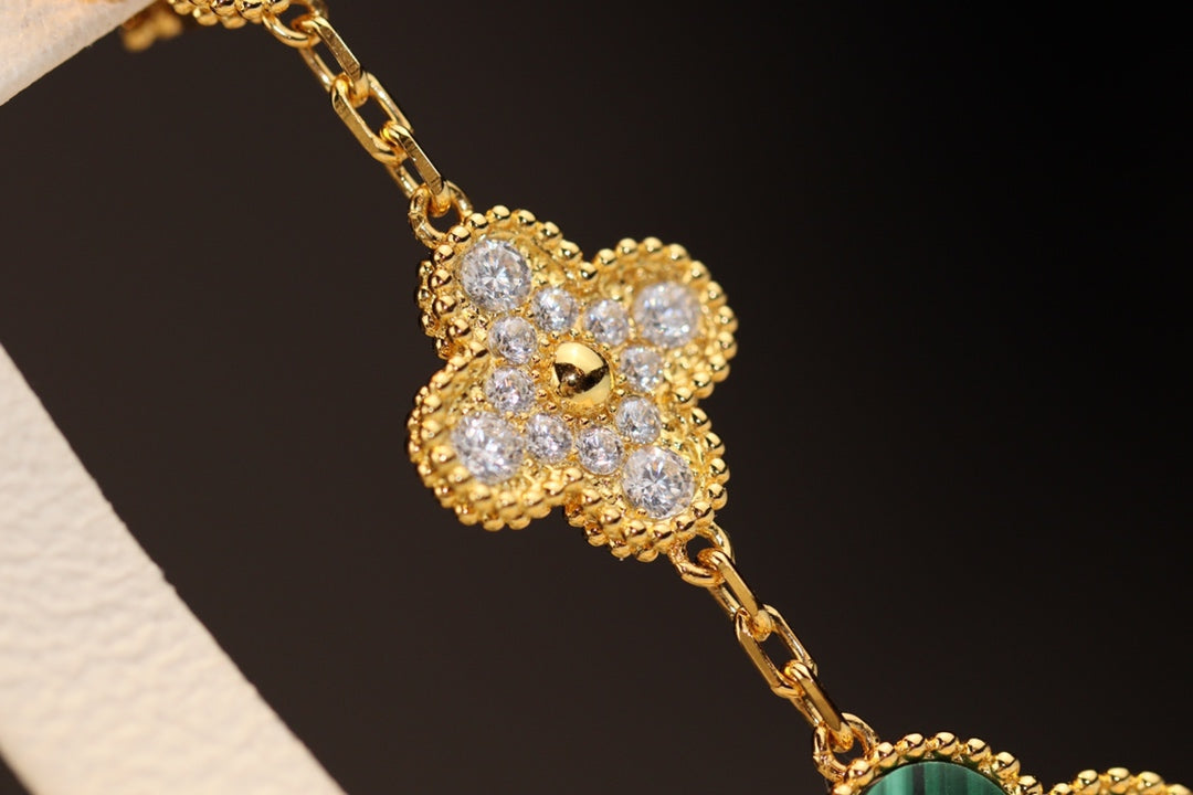 [⭐Corinne]CLOVER EARRINGS GOLD MALACHITE DIAMOND 3 MOTIF