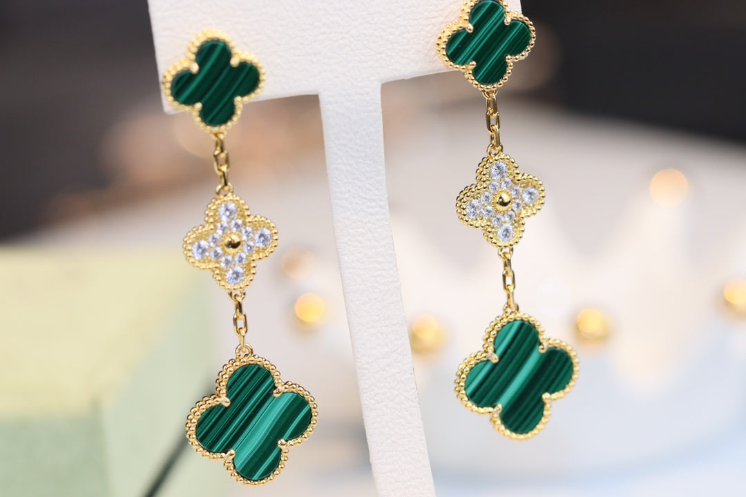 [⭐Corinne]CLOVER EARRINGS GOLD MALACHITE DIAMOND 3 MOTIF