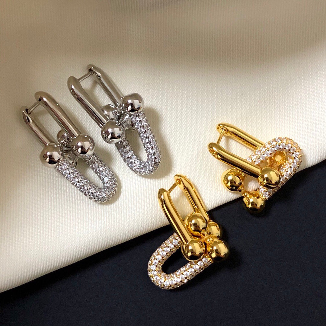 [Corinne]HARDWARE DROP EARRINGS DOUBLE LINK DIAMOND