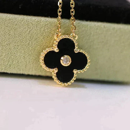 [⭐Corinne]CLOVER 15MM DIAMOND ONYX NECKLACE