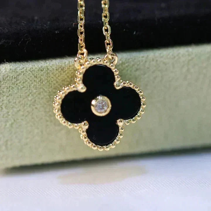 [⭐Corinne]CLOVER 15MM DIAMOND ONYX NECKLACE