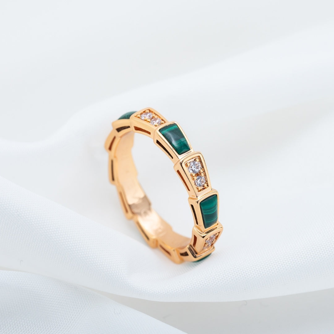 [⭐Corinne]SERPENTI RING PINK GOLD MALACHITE DIAMOND 3MM
