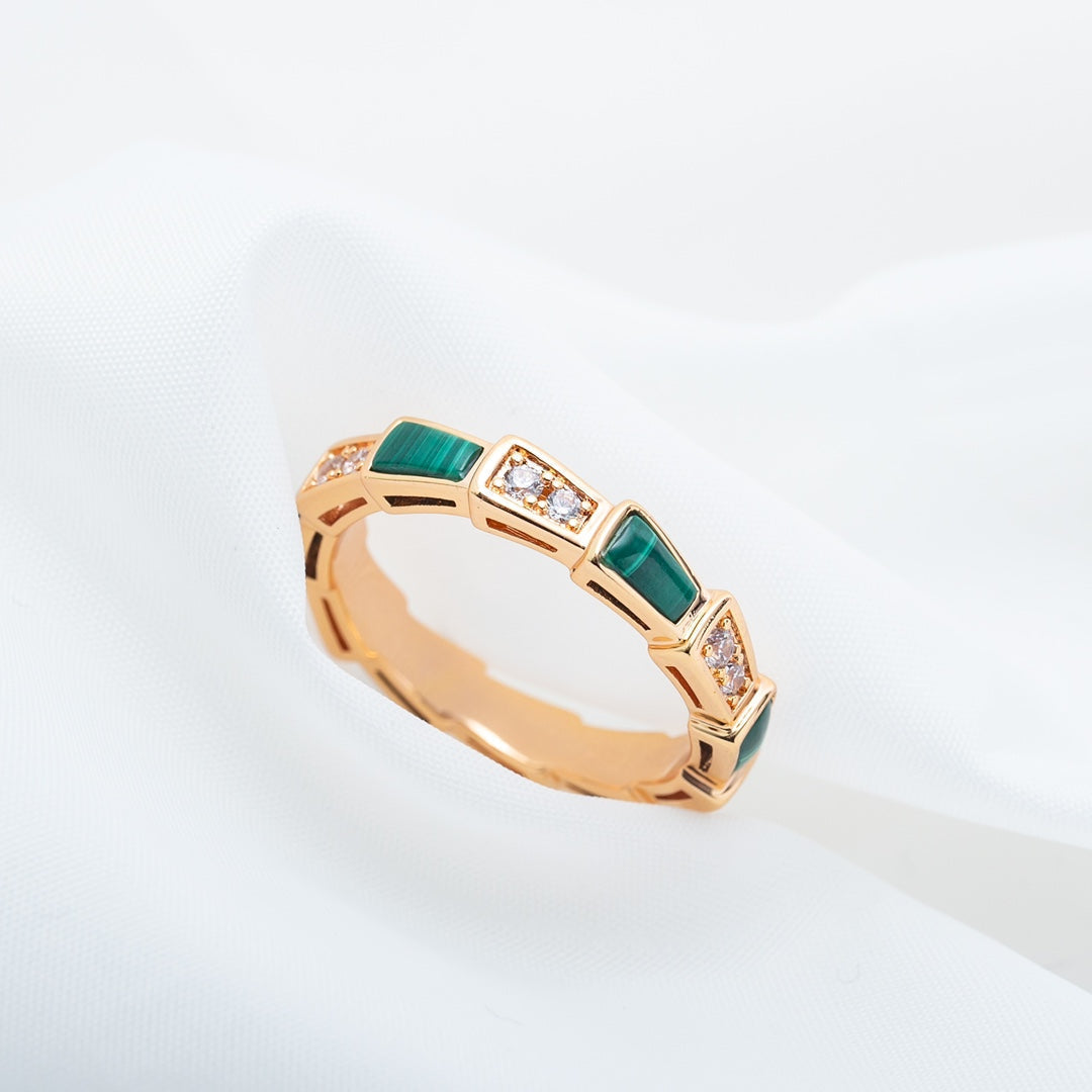 [⭐Corinne]SERPENTI RING PINK GOLD MALACHITE DIAMOND 3MM