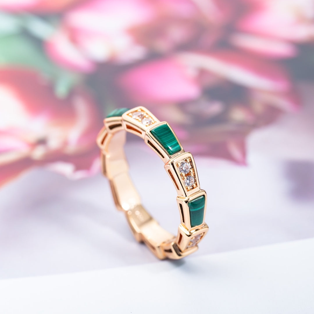 [⭐Corinne]SERPENTI RING PINK GOLD MALACHITE DIAMOND 3MM