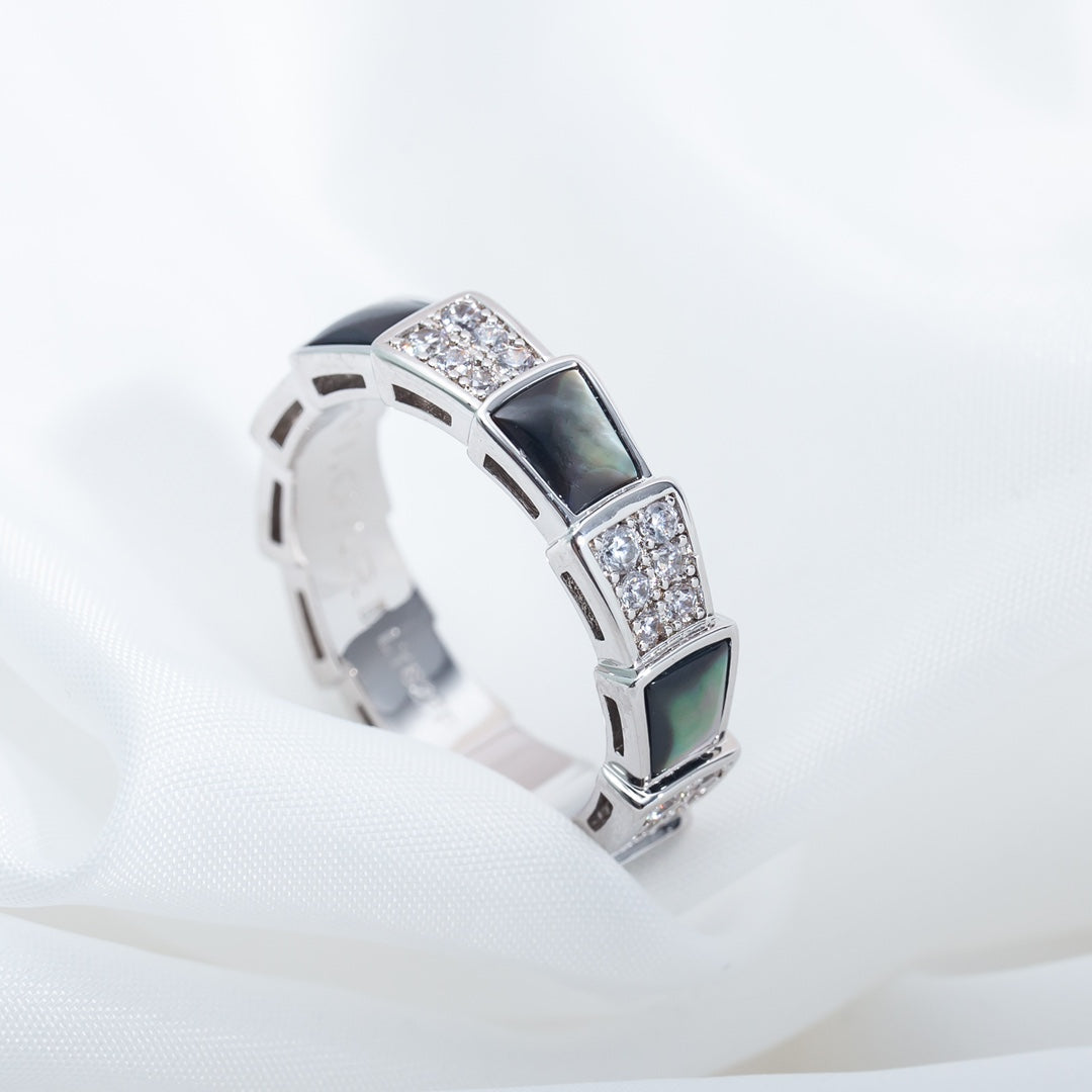 [⭐Corinne]SERPENTI RING SILVER DIAMOND BLACK MOP 4MM