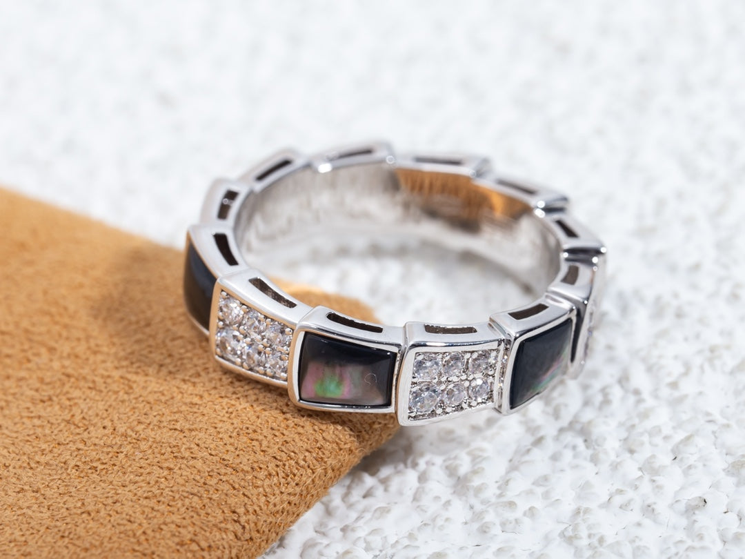 [⭐Corinne]SERPENTI RING SILVER DIAMOND BLACK MOP 4MM