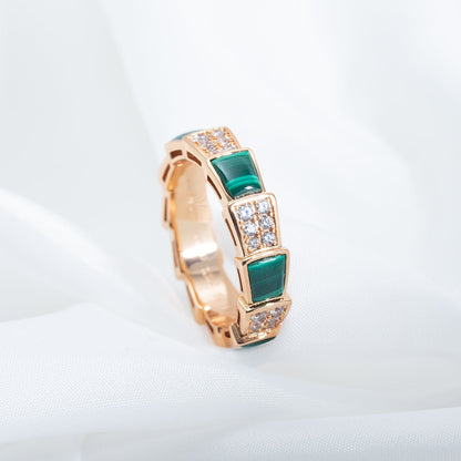 [⭐Corinne]SERPENTI RING PINK GOLD MALACHITE DIAMOND PAVED 4MM