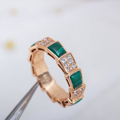 [⭐Corinne]SERPENTI RING PINK GOLD MALACHITE DIAMOND PAVED 4MM