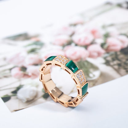 [⭐Corinne]SERPENTI RING PINK GOLD MALACHITE DIAMOND PAVED 4MM