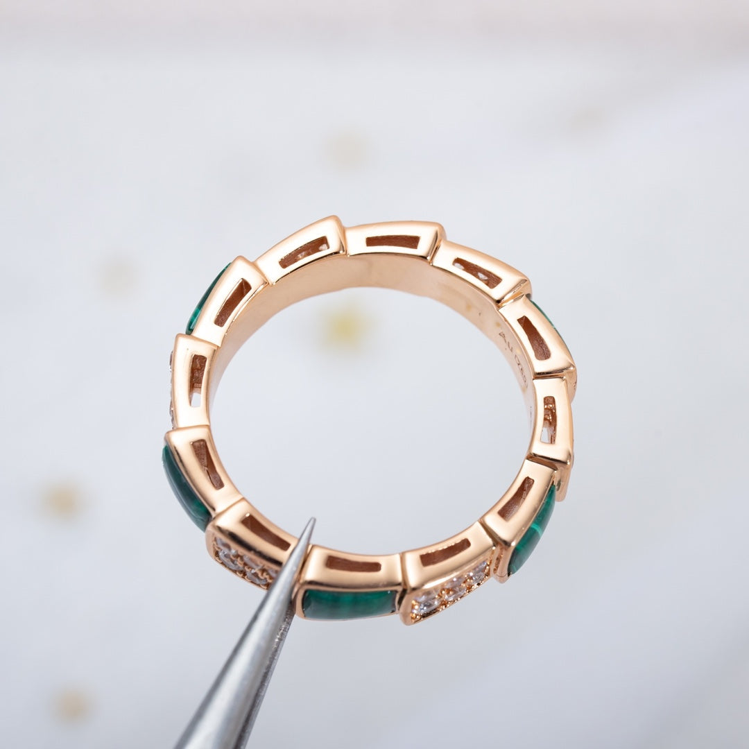 [⭐Corinne]SERPENTI RING PINK GOLD MALACHITE DIAMOND PAVED 4MM