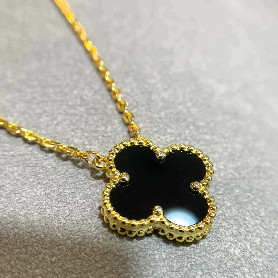 [⭐Corinne]CLOVER 15MM BLACK ONYX SINGLE FLOWER NECKLACE