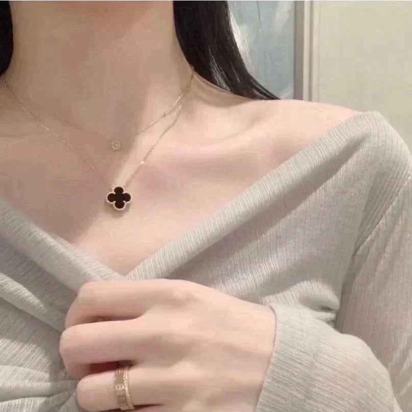 [⭐Corinne]CLOVER 15MM BLACK ONYX SINGLE FLOWER NECKLACE