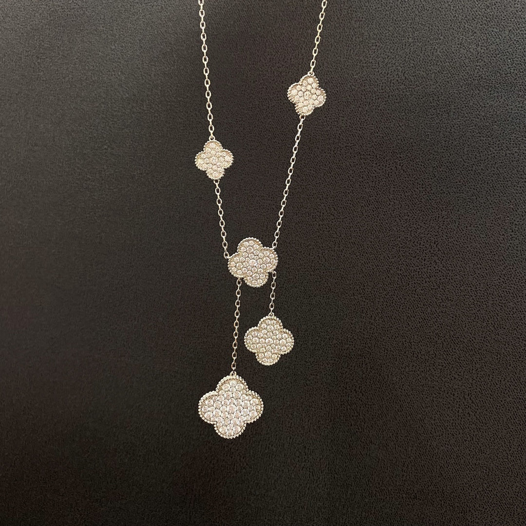[⭐Corinne]CLOVER 5 MOTIFS SILVER DIAMONDS NECKLACE