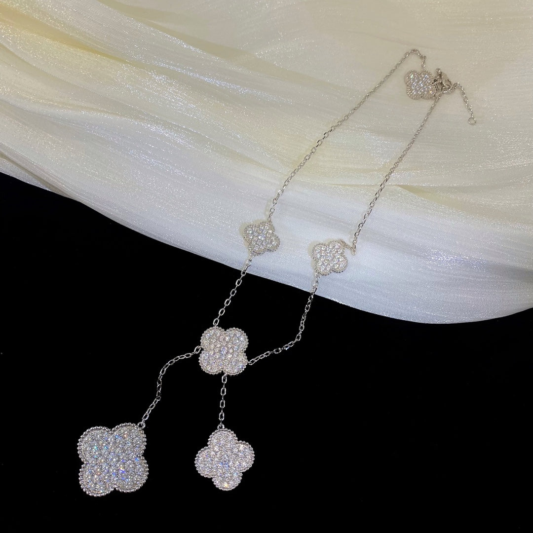 [⭐Corinne]CLOVER 5 MOTIFS SILVER DIAMONDS NECKLACE