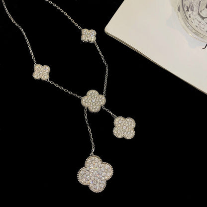 [⭐Corinne]CLOVER 5 MOTIFS SILVER DIAMONDS NECKLACE