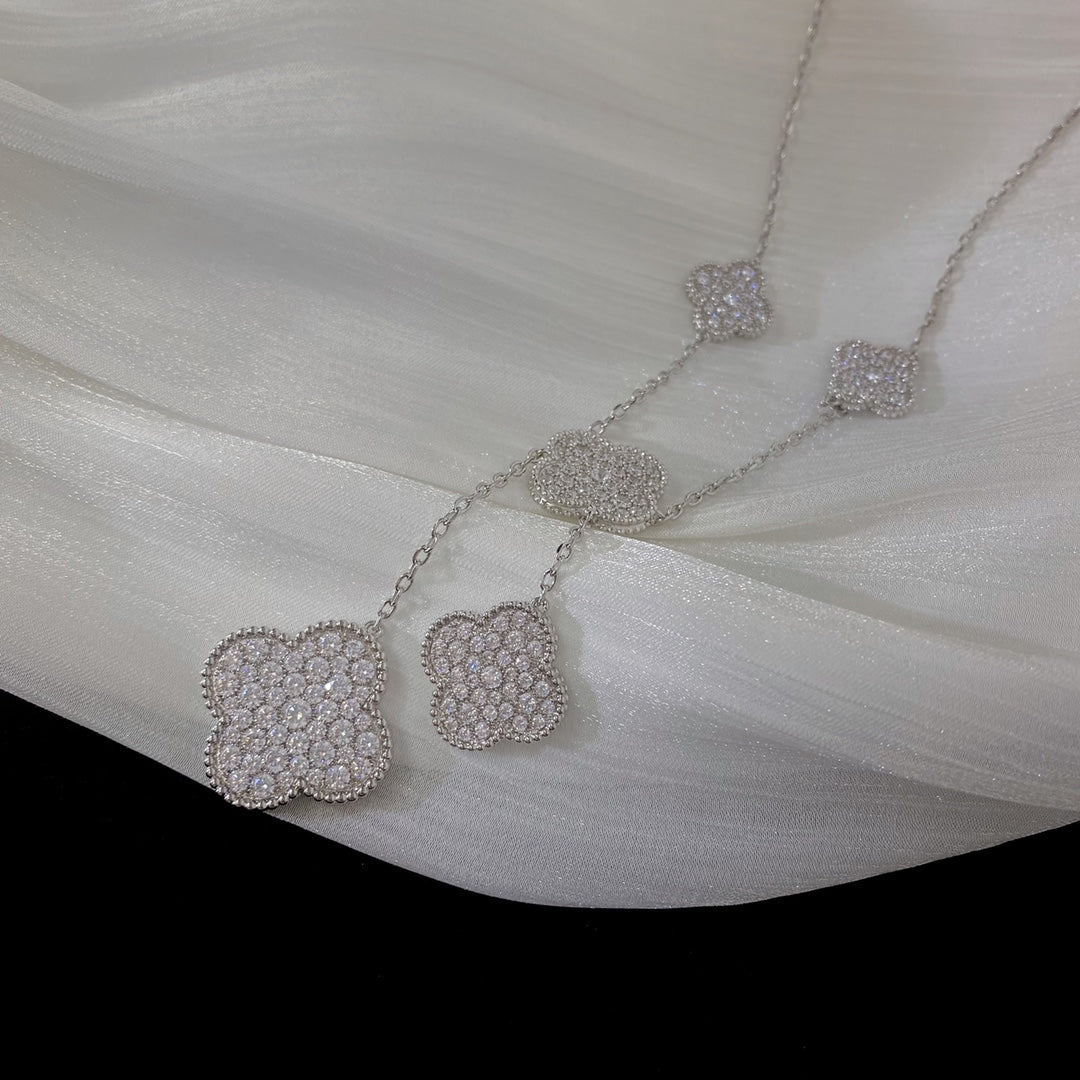 [⭐Corinne]CLOVER 5 MOTIFS SILVER DIAMONDS NECKLACE