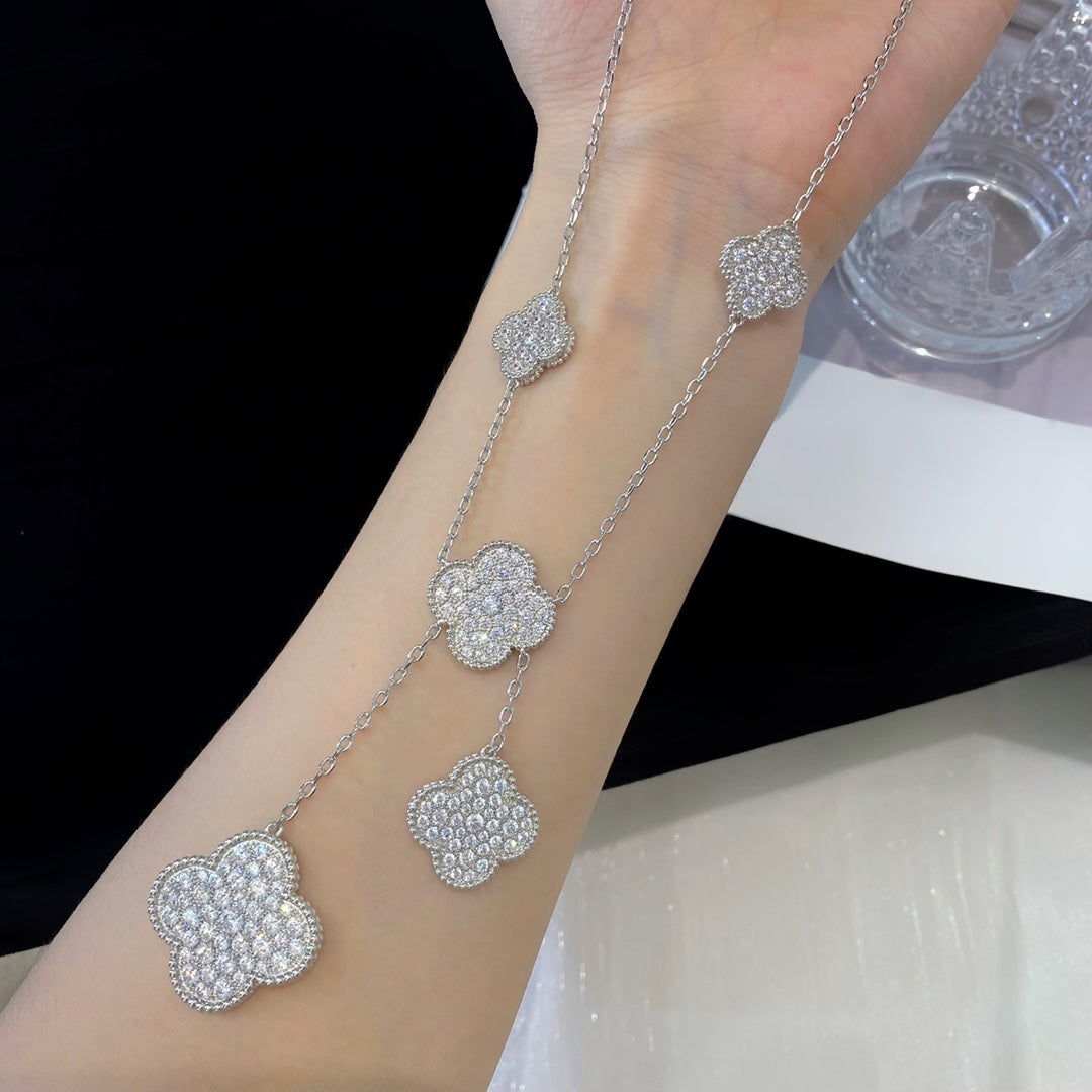 [⭐Corinne]CLOVER 5 MOTIFS SILVER DIAMONDS NECKLACE