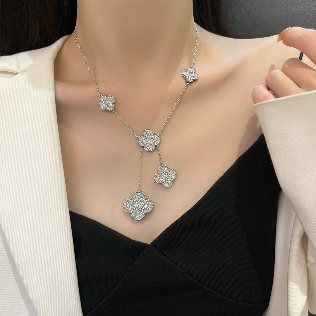 [⭐Corinne]CLOVER 5 MOTIFS SILVER DIAMONDS NECKLACE