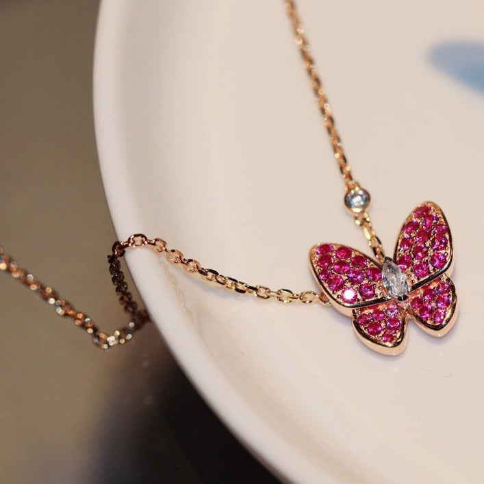 [⭐Corinne]BUTTERFLY RED DIAMOND ROSE GOLD NECKLACE