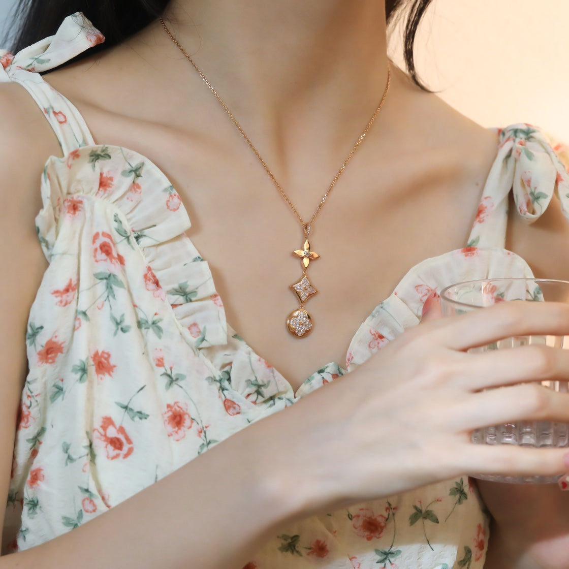 [⭐Corinne]STAR AND SUN DIAMOND PINK GOLD NECKLACE