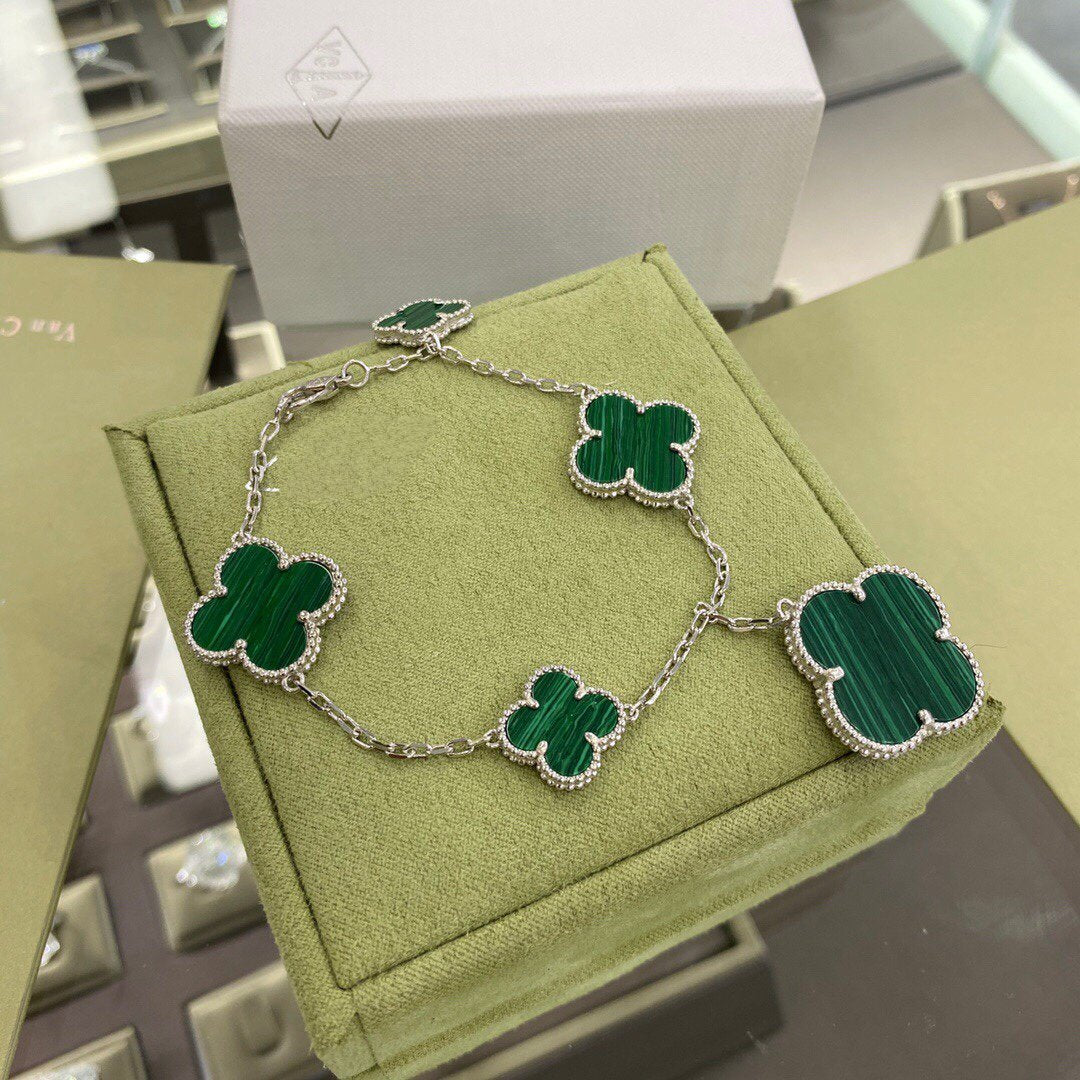 [⭐Corinne]CLOVER 5 MOTIFS SIVLER MALACHITE BRACELET