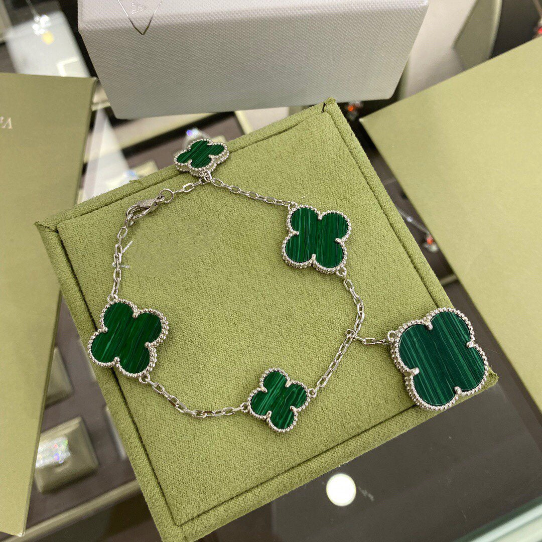 [⭐Corinne]CLOVER 5 MOTIFS SIVLER MALACHITE BRACELET