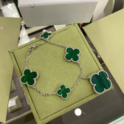 [⭐Corinne]CLOVER 5 MOTIFS SIVLER MALACHITE BRACELET