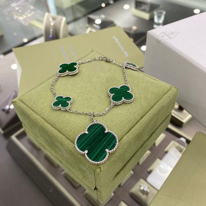 [⭐Corinne]CLOVER 5 MOTIFS SIVLER MALACHITE BRACELET