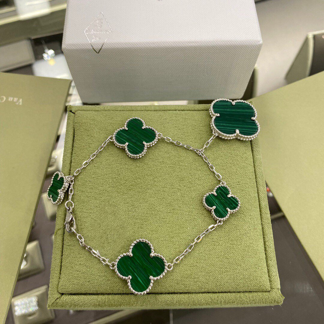 [⭐Corinne]CLOVER 5 MOTIFS SIVLER MALACHITE BRACELET