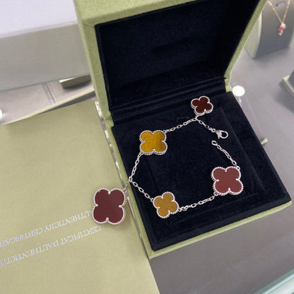 [⭐Corinne]CLOVER 5 MOTIFS SIVLER CARNELIAN TIGER EYE BRACELET