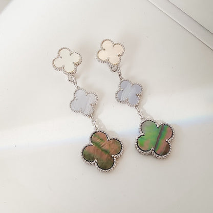 [⭐Corinne]CLOVER 3 MOTIFS CHALCEDONY DARK MOP SILVER EARRINGS