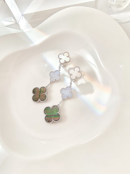 [⭐Corinne]CLOVER 3 MOTIFS CHALCEDONY DARK MOP SILVER EARRINGS
