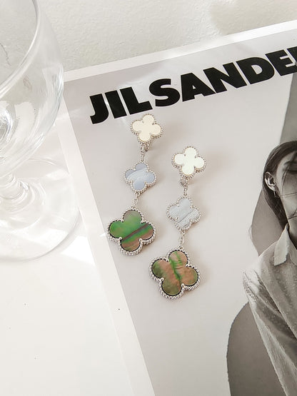 [⭐Corinne]CLOVER 3 MOTIFS CHALCEDONY DARK MOP SILVER EARRINGS