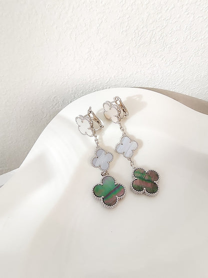 [⭐Corinne]CLOVER 3 MOTIFS CHALCEDONY DARK MOP SILVER EARRINGS