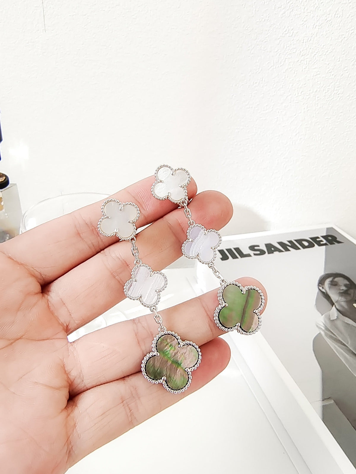 [⭐Corinne]CLOVER 3 MOTIFS CHALCEDONY DARK MOP SILVER EARRINGS