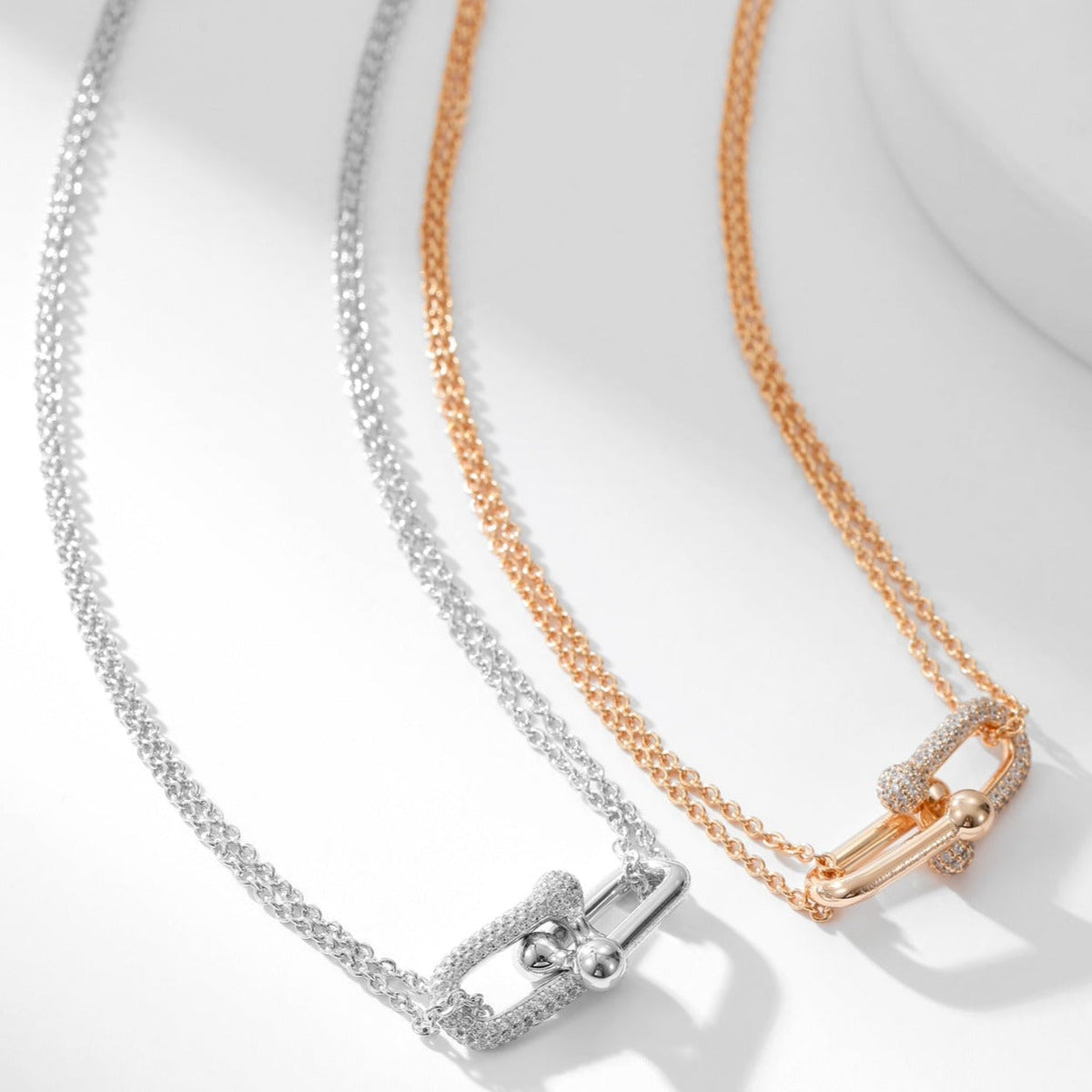 [Corinne]HARDWEAR DIAMOND PEDANT DOUBLE CHAIN NECKLACE