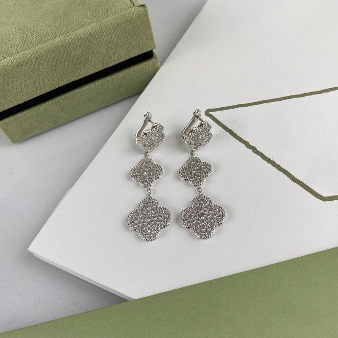 [⭐Corinne]CLOVER 3 MOTIF DIAMOND SILVER DROP EARRINGS