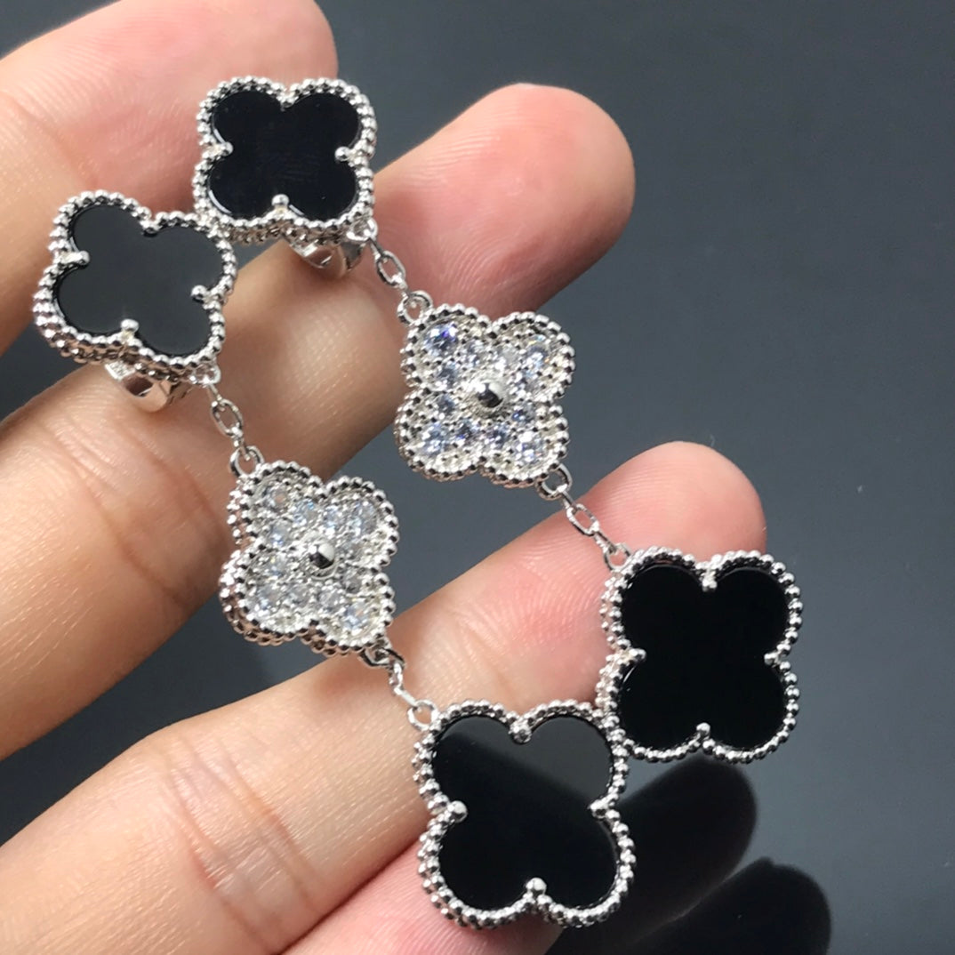 [⭐Corinne]CLOVER 3 MOTIF DIAMOND ONYX SILVER EARRINGS