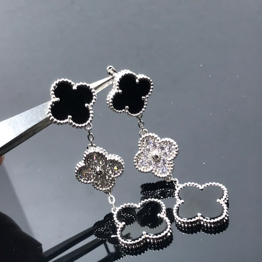 [⭐Corinne]CLOVER 3 MOTIF DIAMOND ONYX SILVER EARRINGS