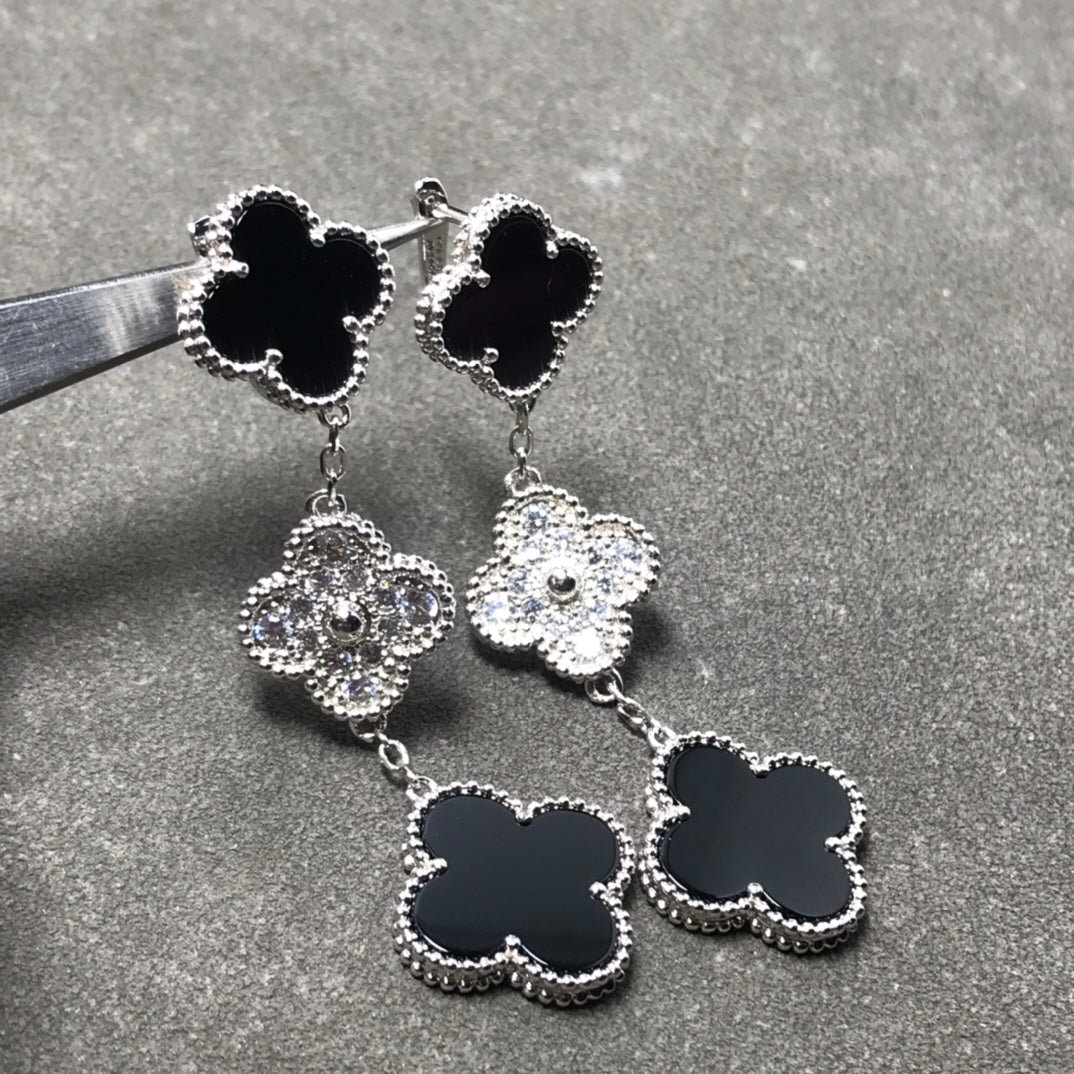 [⭐Corinne]CLOVER 3 MOTIF DIAMOND ONYX SILVER EARRINGS