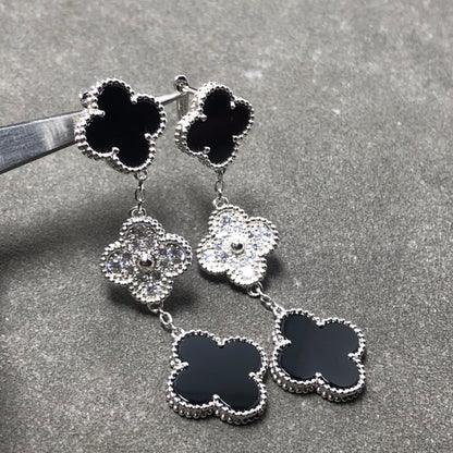 [⭐Corinne]CLOVER 3 MOTIF DIAMOND ONYX SILVER EARRINGS
