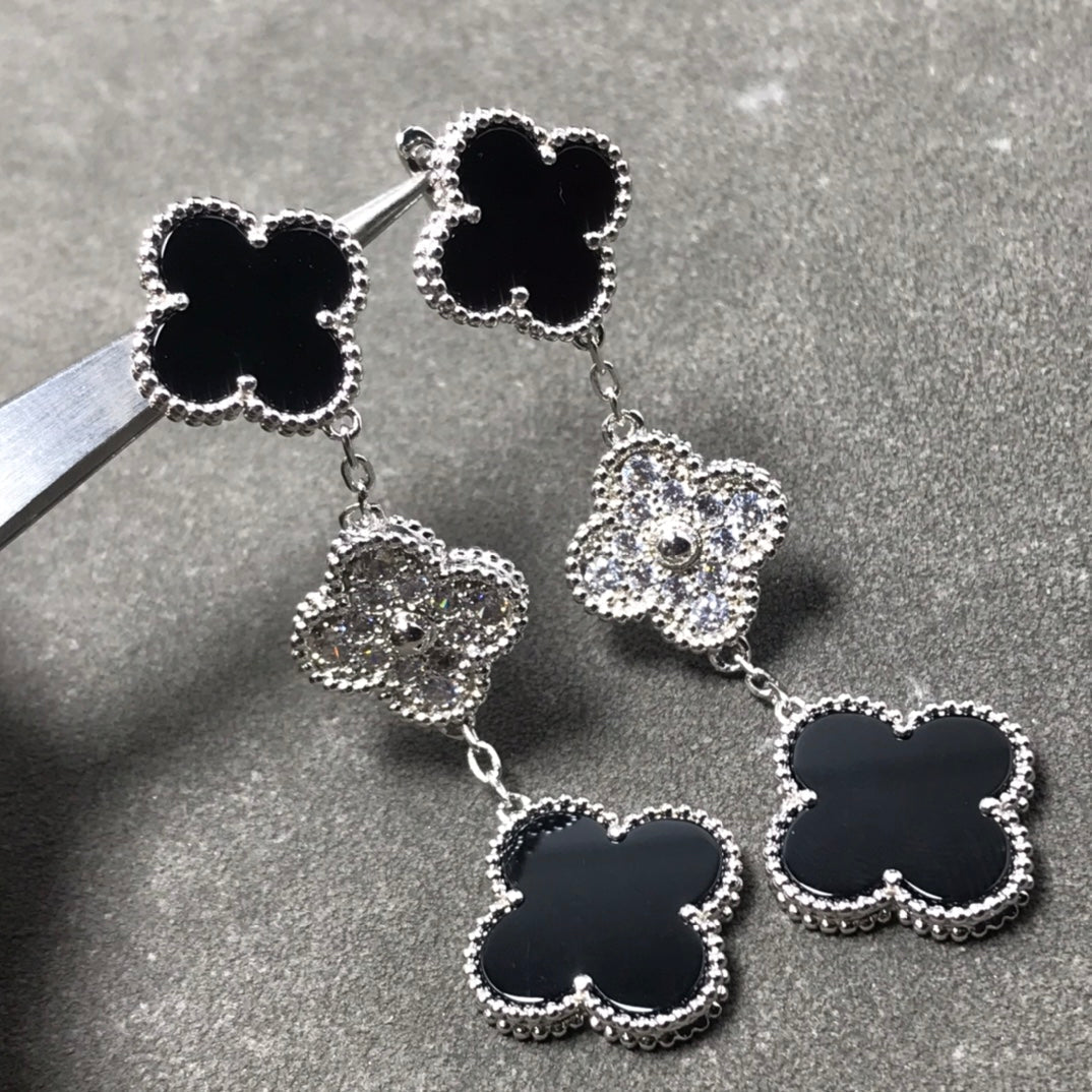 [⭐Corinne]CLOVER 3 MOTIF DIAMOND ONYX SILVER EARRINGS