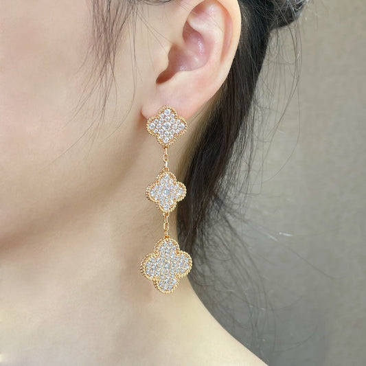 [⭐Corinne]CLOVER 3 MOTIFS DIAMOND PAVED ROSE GOLD EARRINGS