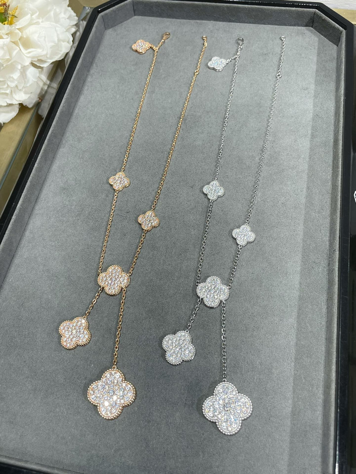 [⭐Corinne]CLOVER 6 MOTIF DIAMOND PAVED NECKLACE
