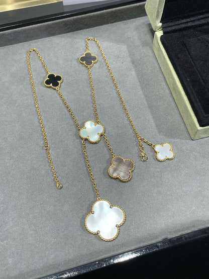 [⭐Corinne]CLOVER 6 MOTIF MOP ONYX GOLD NECKLACE