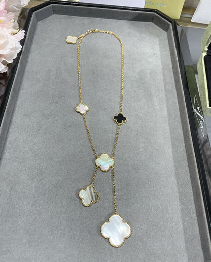 [⭐Corinne]CLOVER 6 MOTIF MOP ONYX GOLD NECKLACE