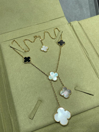 [⭐Corinne]CLOVER 6 MOTIF MOP ONYX GOLD NECKLACE