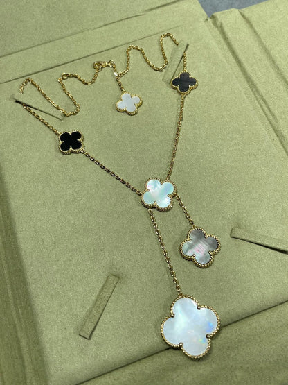 [⭐Corinne]CLOVER 6 MOTIF MOP ONYX GOLD NECKLACE